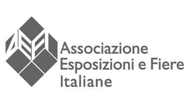 Logo dell'Associazione Esposizioni e Fiere Italiane, caratterizzato da un design geometrico con forme di diamante e linee, in tonalità di grigio.